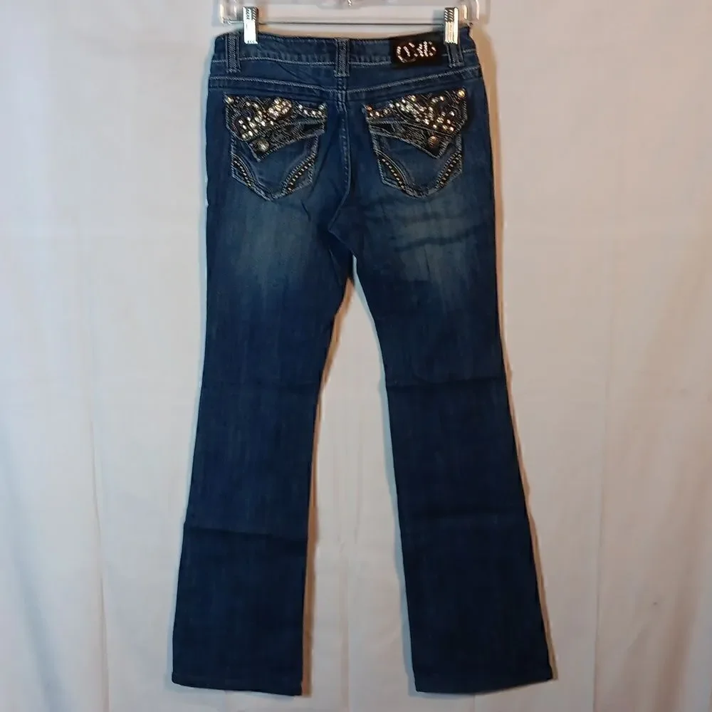 Cello Embellished Flap Pockets Stretch Denim Low Rise Jeans